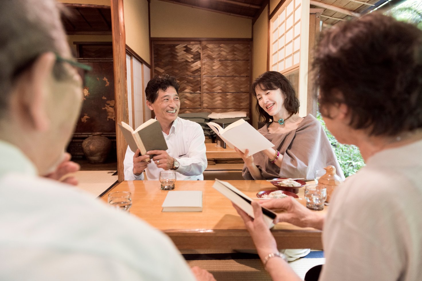 Senior Japanese Book Club Meeting in a Restaurant Kyoto Japan